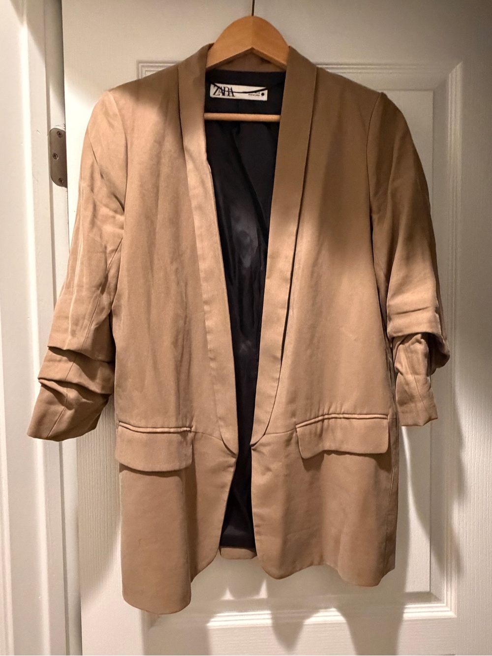NWOT Zara Camel Tan Longline Blazer Ruched Sleeves M